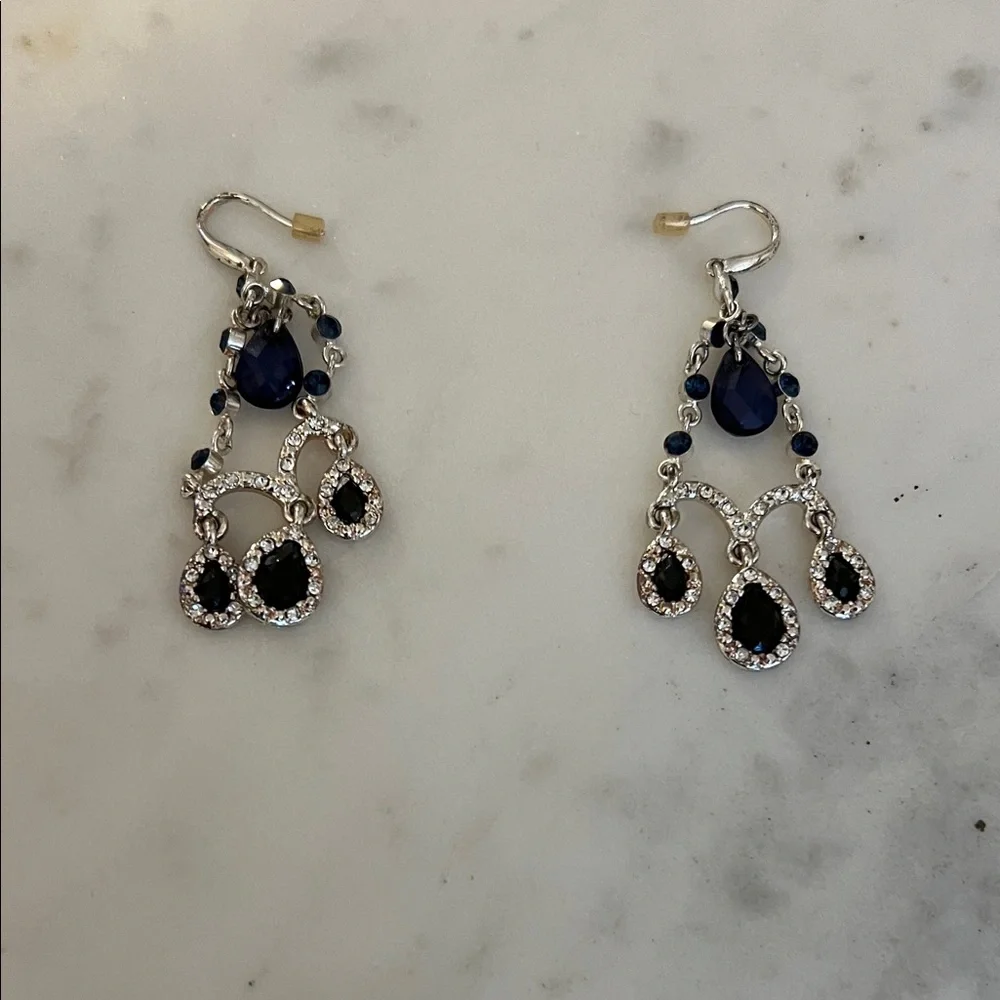 Elegant Silver-Tone Navy Blue Crystal Drop Earrings